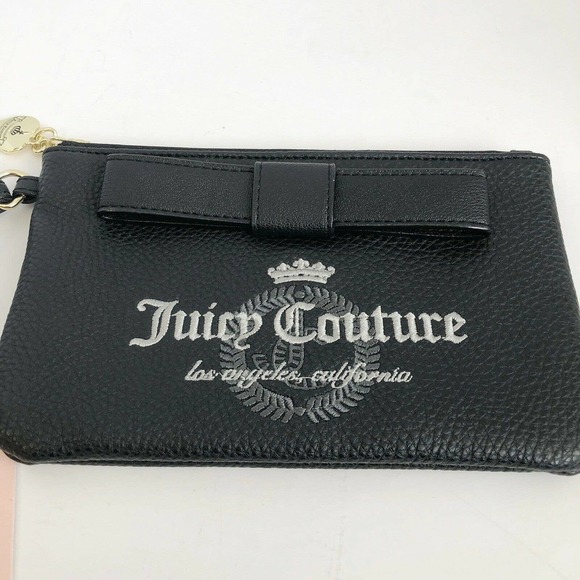 Juicy Couture Handbags - Juicy Couture Wristlet NWT Vegan Leather 5”x8” Bow Logo Spellout Gold Charm